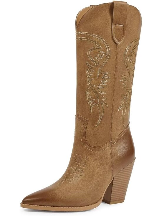 Shoes - Women's Light Brown Leather Cowgirl Boots Pointed Toe Chunky Heel Western Boots